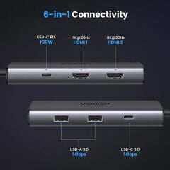 UGREEN 15852 CM498 Revodok 6 in 1 USB-C to 2xUSB-A 3.0 Çoklayıcı HDMI 4K 60Hz HDMI 8K 30Hz USB-C 3.0 5Gbps USB-C PD 100W Şarj Desteği Çok Fonksiyonlu Bağlantı İstasyonu - 2