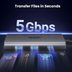 UGREEN 15852 CM498 Revodok 6 in 1 USB-C to 2xUSB-A 3.0 Çoklayıcı HDMI 4K 60Hz HDMI 8K 30Hz USB-C 3.0 5Gbps USB-C PD 100W Şarj Desteği Çok Fonksiyonlu Bağlantı İstasyonu