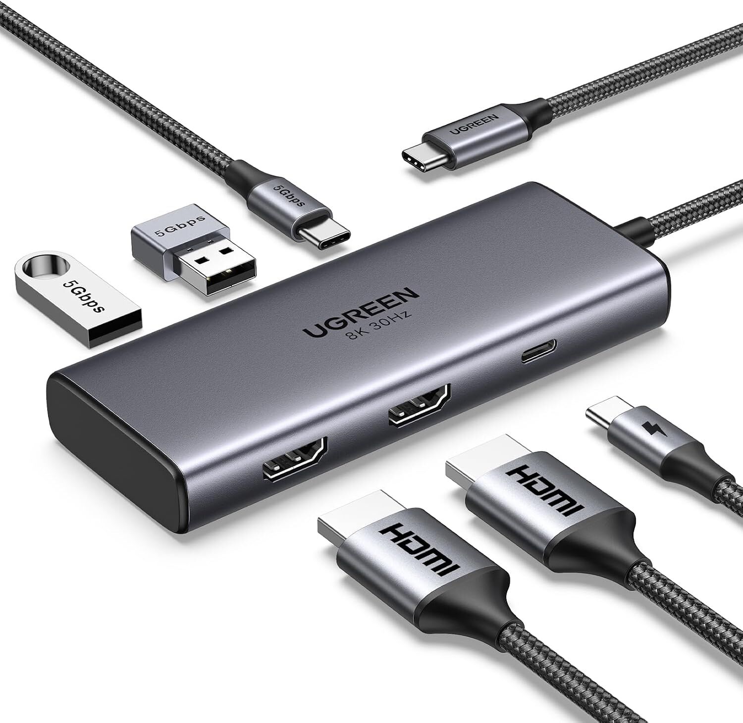 UGREEN 15852 CM498 Revodok 6 in 1 USB-C to 2xUSB-A 3.0 Çoklayıcı HDMI 4K 60Hz HDMI 8K 30Hz USB-C 3.0 5Gbps USB-C PD 100W Şarj Desteği Çok Fonksiyonlu Bağlantı İstasyonu