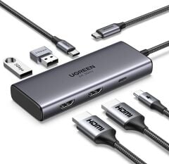 UGREEN 15852 CM498 Revodok 6 in 1 USB-C to 2xUSB-A 3.0 Çoklayıcı HDMI 4K 60Hz HDMI 8K 30Hz USB-C 3.0 5Gbps USB-C PD 100W Şarj Desteği Çok Fonksiyonlu Bağlantı İstasyonu