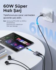 UGREEN 60164 CM231 2 in 1 USB-C to 3.5mm Aux 24bit 96kHz DAC PD Hızlı Şarj Ses Adaptörü Gri 10cm