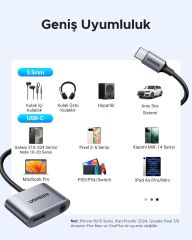UGREEN 60164 CM231 2 in 1 USB-C to 3.5mm Aux 24bit 96kHz DAC PD Hızlı Şarj Ses Adaptörü Gri 10cm