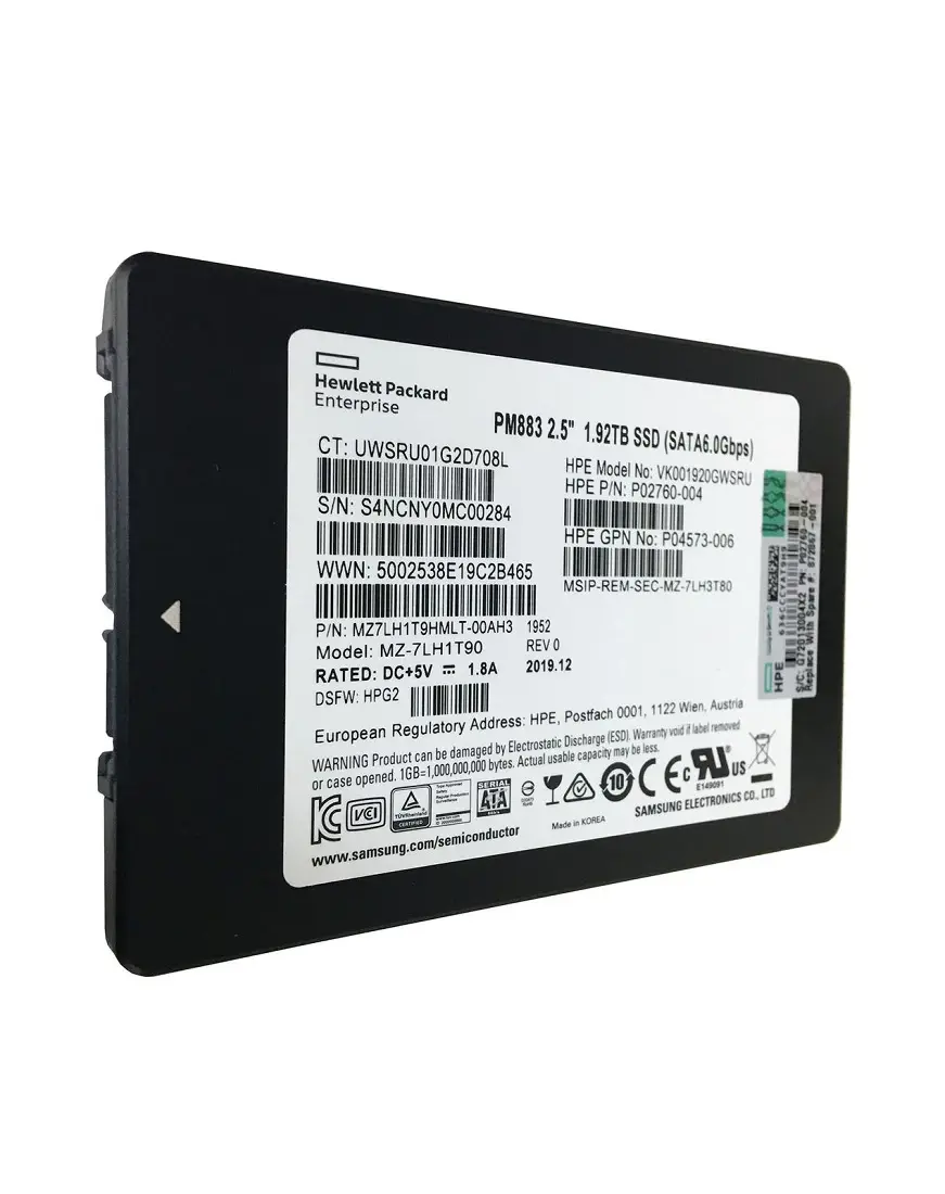 HPE PM883 1.92TB 6G Sata 2.5'' Server Sunucu SSD MZ-7LH1T90 MZ27LH1T9HMLT-000H3 VK001920GWSRU P02760-004 P04573-006