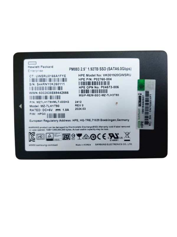 HPE PM883 1.92TB 6G Sata 2.5'' Server Sunucu SSD MZ-7LH1T90 MZ27LH1T9HMLT-000H3 VK001920GWSRU P02760-004 P04573-006