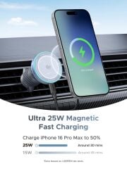 UGREEN 55967 W758 MagFlow Qi2.2 25W MagSafe Uyumlu 360 Derece Döner Başlıklı Manyetik Kablosuz Hızlı Araç Şarj Cihazı ve Cep Telefonu Tutucu Gümüş - 2