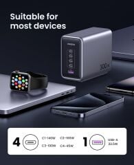 UGREEN 90864 CD333 Nexode 5 Port USB-C1-140W-C2/C3-100W C4-45W USB-A-22.5W Masaüstü Hızlı Şarj Cihazı İstasyonu Gri + UGREEN 35608 S510 Black Label Universal Avrupa Tipi Priz Dönüştürücü