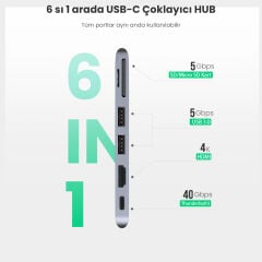 UGREEN 80856 CM380 6 in 2 USB-C Thunderbolt 3 40Gbps 6K 100W PD HDMI 4K 30Hz 2xUSB 3.0 10Gbps SD / TF Kart Okuyuculu MacBook Air Pro Çok Fonksiyonlu Adaptör Gümüş