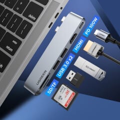 UGREEN 80856 CM380 6 in 2 USB-C Thunderbolt 3 40Gbps 6K 100W PD HDMI 4K 30Hz 2xUSB 3.0 10Gbps SD / TF Kart Okuyuculu MacBook Air Pro Çok Fonksiyonlu Adaptör Gümüş - 2