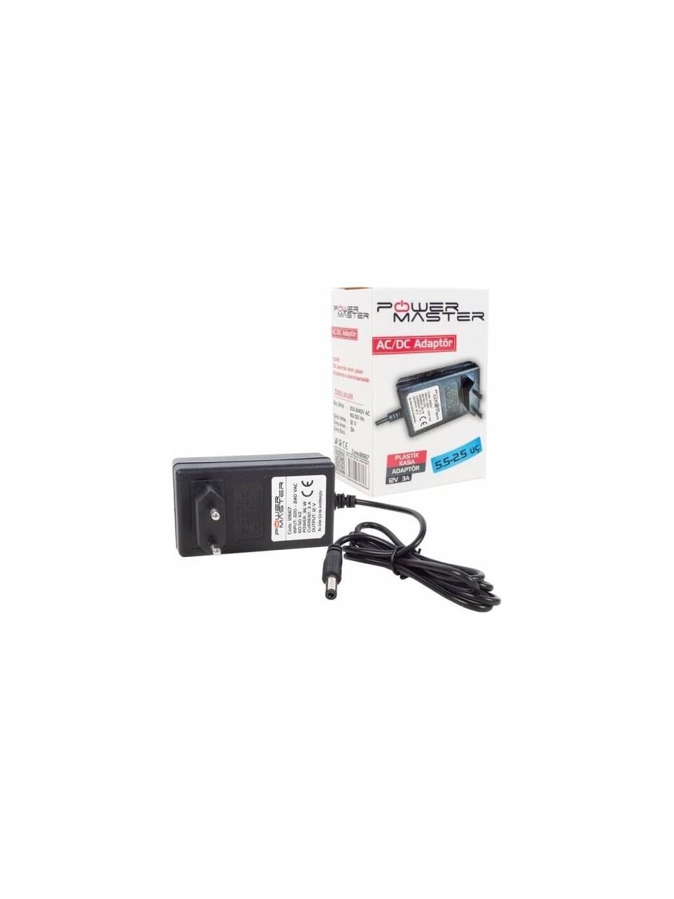 12667 POWERMASTER PM-12667 12 Volt 3 Amper 5.5*2.5 Uçlu Plastik Kasa Priz Tipi Adaptör