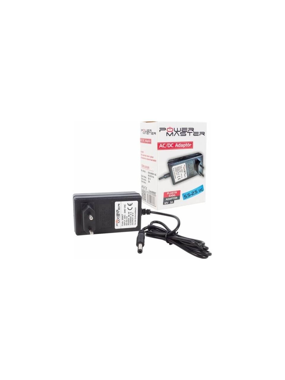 12667 POWERMASTER PM-12667 12 Volt 3 Amper 5.5*2.5 Uçlu Plastik Kasa Priz Tipi Adaptör
