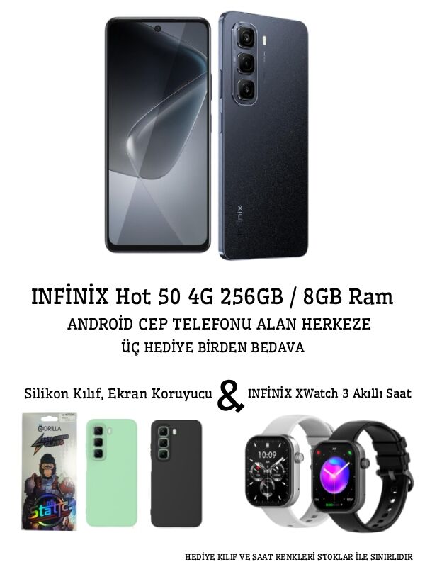 INFİNİX Hot 50 4G 8GB Ram + 256GB Şık Siyah Cep Telefonu (X6882) (Infinix TÜRKİYE Garantili) XWatch 3 Akıllı Saat, Ekran Koruyucu ve Silikon Kılıf Hediyeli