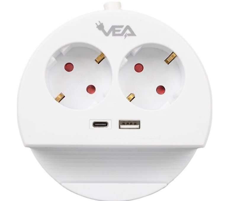 VEA VE-G1102C 2li USB + Type-C Girişli Telefon Standlı Grup Priz Beyaz 1.5metre