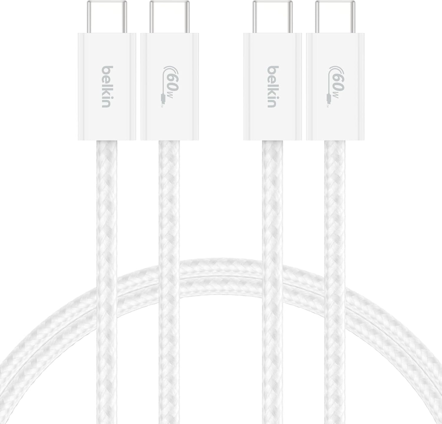 BELKİN 2 li 60W USB-C to USB-C Yumuşak Esnek ve Hızlı Şarj Kablosu Örgülü Beyaz 1.5metre