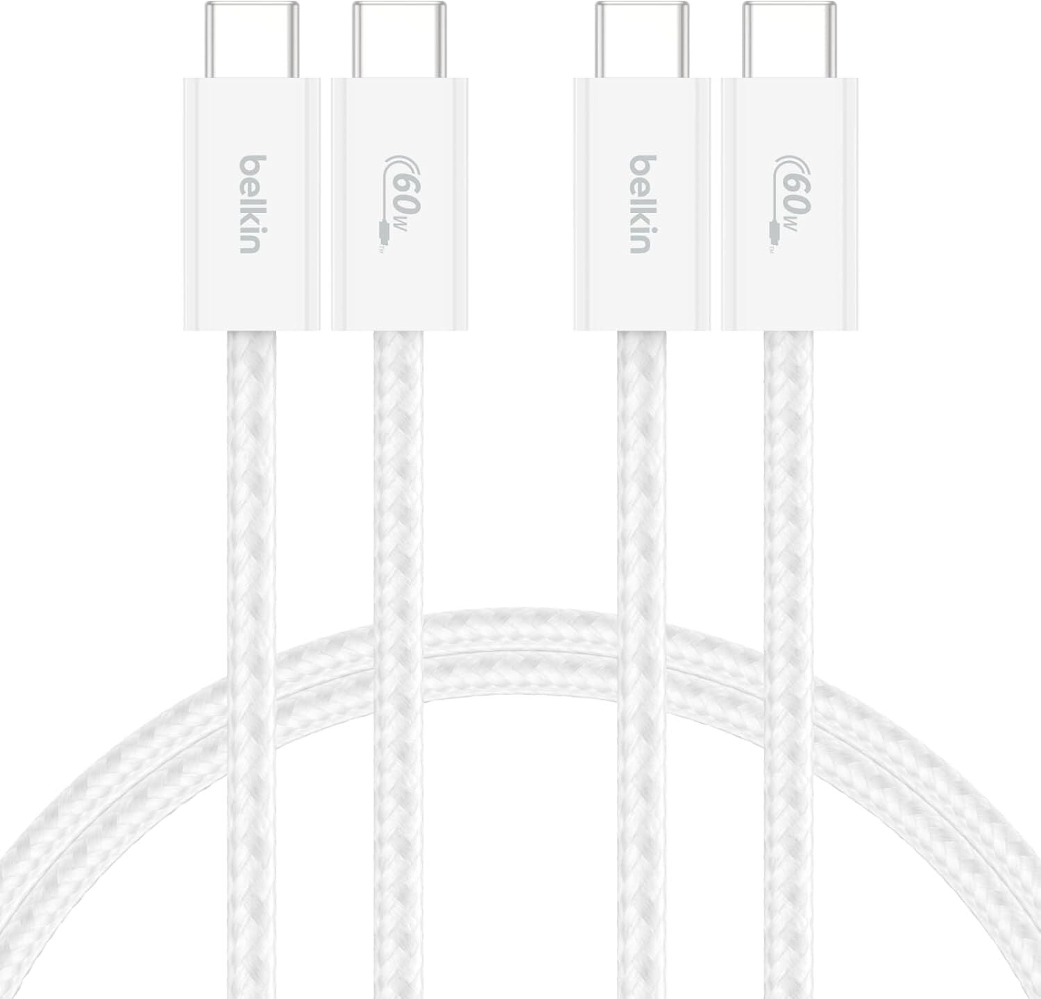 BELKİN 2 li 60W USB-C to USB-C Yumuşak Esnek ve Hızlı Şarj Kablosu Örgülü Beyaz 1.5metre