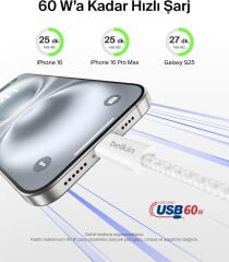 BELKİN 2 li 60W USB-C to USB-C Yumuşak Esnek ve Hızlı Şarj Kablosu Örgülü Beyaz 1.5metre - 2