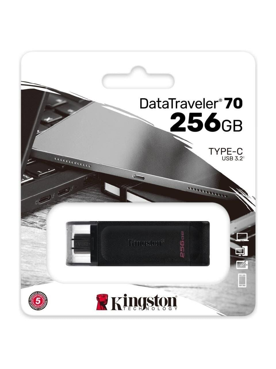 KİNGSTON DataTraveler 256GB USB-C 3.2 Gen1 Type-C USB Bellek Siyah (DT70/256GB)