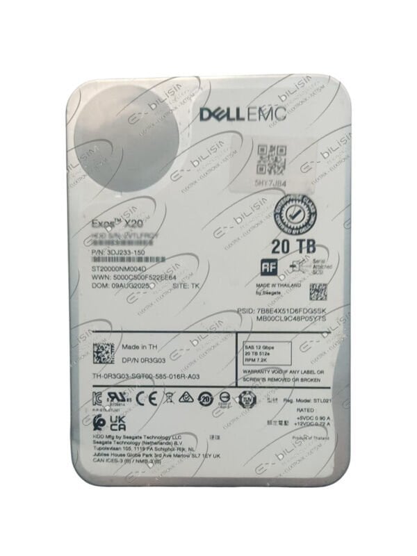 DELL EMC Exos X20 20TB 7.2K 12G 512e NL SAS 3.5'' Server Sunucu Harddisk ST20000NM004D 3DJ233-150 0R3G03